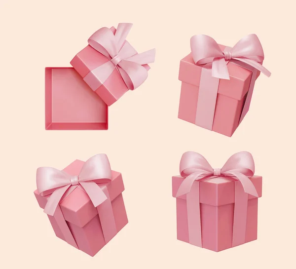 Elemento Caixa Presente Rosa Conjunto Isolado Fundo Bege Claro Quatro —  Vetores de Stock