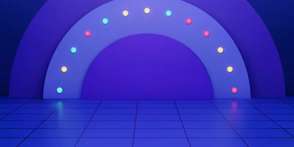 蓝色瓷砖地板和分层弧形与彩色灯泡装饰的背景 适用于促销及节日主题展示 — 图库矢量图片
