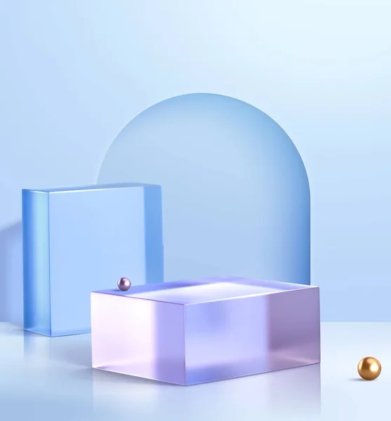 3Dガラス幾何学的表彰台の背景 ガラスブロックの表彰台 金属球の装飾 アーチドア — ストックベクタ