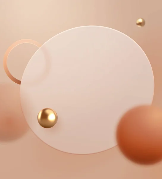 3Dモダンなパステルオレンジガラス形態製品の表示背景 金色の球と円の形の層の装飾とマットラウンドボードの組成 — ストックベクタ
