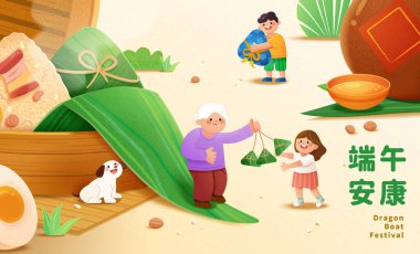 Minyatür aile bayramını bambu buharlı buharlı ve gerçek şarap kavanozlu zongzi ile kutlayan şirin bir el çizimi ejderha teknesi festivali posteri. Çince çeviri: Sağlıklı Duanwu Festivali.