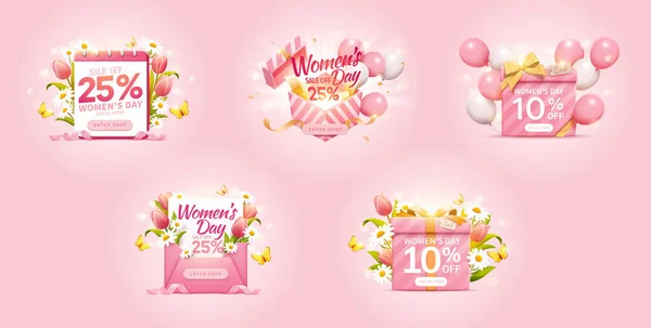 国際女性デーの販売のイラストはピンクの背景に隔離されたAdsをぽんと鳴らす 風船や花で装飾されたカレンダー ギフトボックスや封筒のデザインテンプレート — ストックベクタ