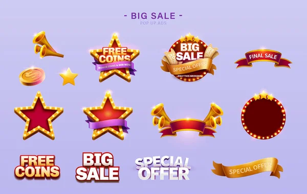 Big Sale Promo Element Set Isolated Lavender Background Including Horn — Stock Vector