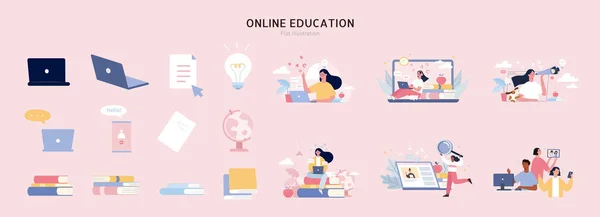 Platte Ontwerp Online Onderwijs Thuis Onderwijs Element Geïsoleerd Lichtroze Achtergrond — Stockvector