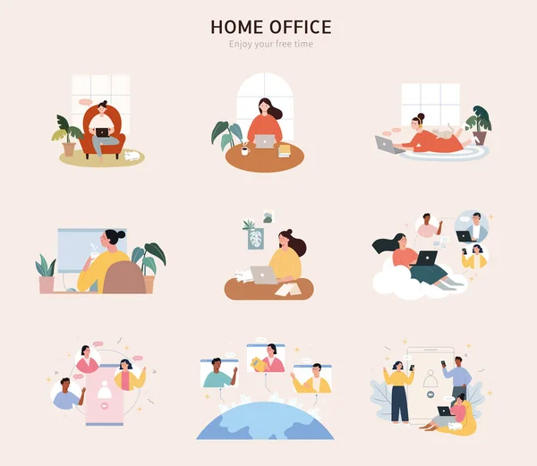 Flat Design People Working Home Element Collection Isolated Beige Background — Stock Vector