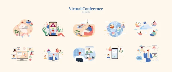 Platte Ontwerp Virtuele Conferentie Element Set Geïsoleerd Beige Achtergrond Begrip — Stockvector