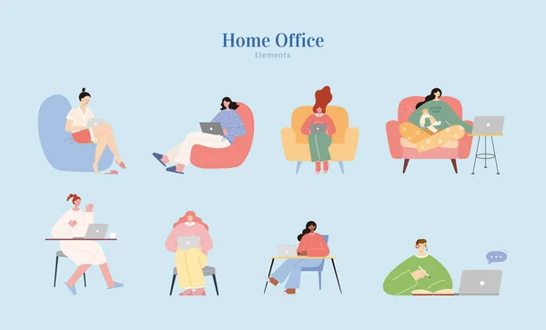 Flat Design People Working Home Comfort Element Collection Isolated Light — Stock Vector