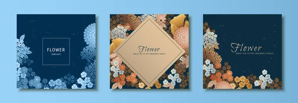 Conjunto Modelos Florais Elegantes Projetos Bela Flor Fundo Azul Escuro — Vetor de Stock