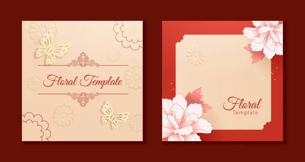 Red Floral Background Template Set Peony Flowers Butterflies — Stock Vector