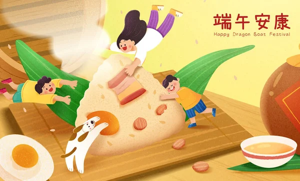 Mignon Style Dessiné Main Dragon Boat Festival Affiche Enfants Miniatures — Image vectorielle