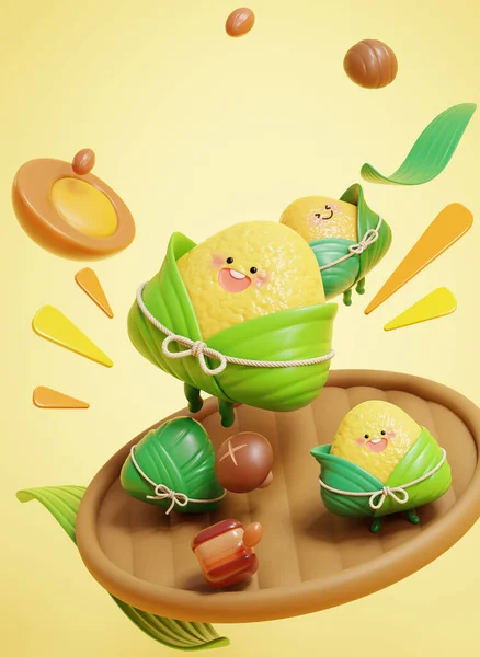 Cute Rice Dumpling Cartoon Characters Food Ingredients Floating Wooden Plate — Stock Photo, Image