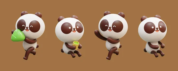 Cartoon Character Set Different Poses Isolated Brown Background Cute Panda — Stock Photo, Image