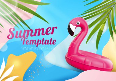 Oyuncu soyut stil yaz afişi şablonu. Pembe flamingo lilo, tropik yapraklar ve bokeh efektli canlı renk sıvısı şekilli arka plan