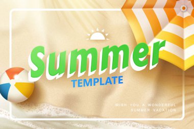 Sahilde, güneş şemsiyesi, şişme top, tropikal yaprakların gölgesi ve kıyıya ulaşan deniz dalgası ile SumMER başlığının en üst görüntüsü.