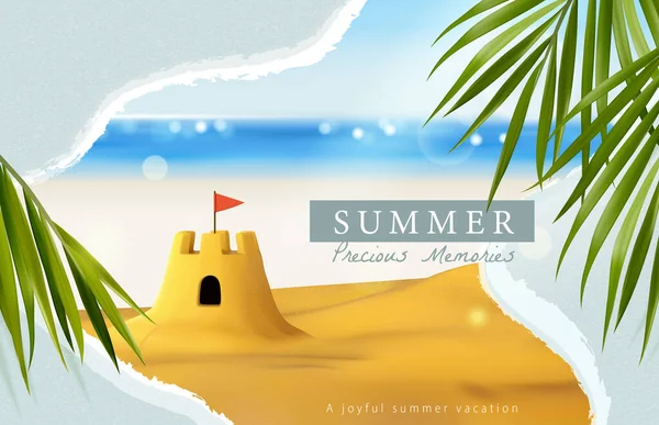 梦幻般的夏天记忆模板 带有热带树叶和抽象的笔划框架 海滩上的沙堡 后面是模糊的海洋地平线 — 图库矢量图片
