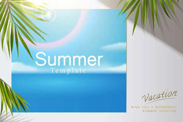 白墙上的蓝天夏季海报 四周环绕着装饰有防爆效果镜头的热带树叶 — 图库矢量图片
