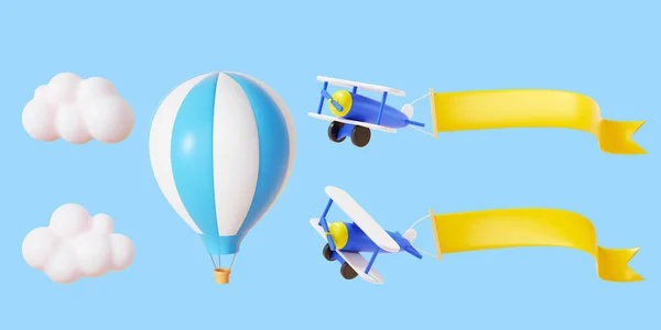 ライトブルーの背景に隔離された3Dかわいい空飛ぶおもちゃの要素 雲のさまざまな角度 広告バナーと熱気球とおもちゃの飛行機 — ストック写真