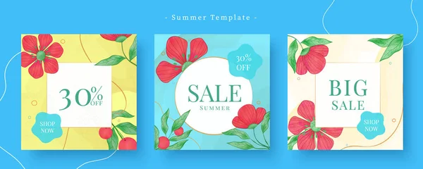 Handgezeichnet Stil Sommer Floralen Quadratischen Verkauf Promotion Vorlage Auf Blauem — Stockvektor