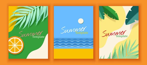 剪纸风格夏令海报模板集孤立的橙色背景 有波浪形花纹和层状海滨的植物叶子的顶部视图 — 图库矢量图片