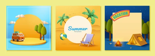 Summer Season Travel Vacation Template Set Isolated Yellow Background Yellow — Stock Vector