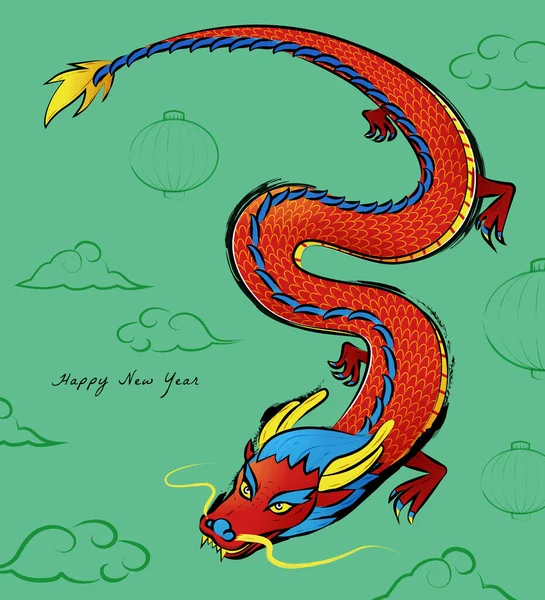 手描きスタイルの中国の新年のイラスト ランタンと雲の落書きで緑の背景に飛ぶ伝統的な中国の龍 — ストックベクタ