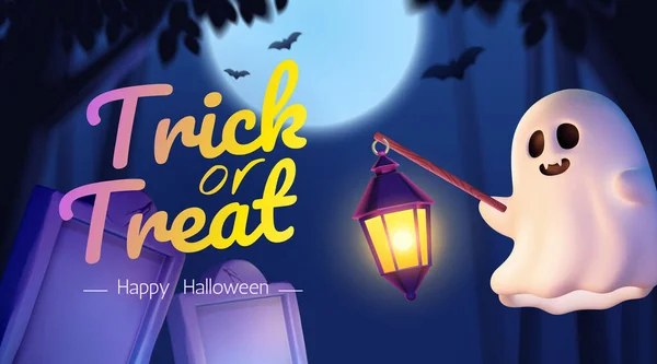 Illustration Halloween Adorable Fantôme Tenant Lanterne Flottant Cimetière Dans Nuit — Image vectorielle