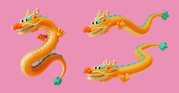 3D cute CNY orange dragon elements isolated on pink background.