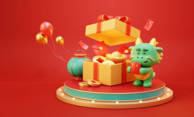 3D sevimli CNY ejderha heykelciği ve süpriz kutu sahnede gösterişli dekorlarla dolu..