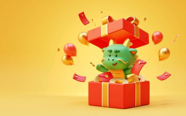 3D CNY sevimli ejderha figürü ve şenlikli dekorlar sarı arka planda sürpriz kutudan fırlıyor.