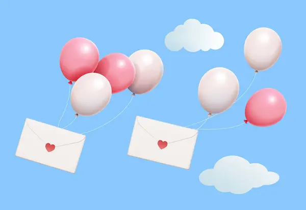 Kjærlighetsbrev Festet Til Ballongelementer Isolert Blå Bakgrunn Med Skyer – stockvektor