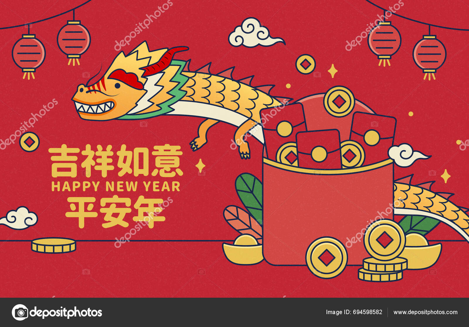 Adorable Line Art Cny Card Dragon Festive Decors Text Good Stock Vector ...