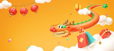 3D CNY alışveriş sezonu. Sarı arka planda ejderha elinde alışveriş çantası yükseliyor..