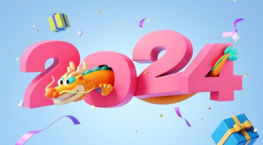 3D CNY ejderhası, açık mavi arka planda parti dekorlarıyla 2024 civarında sarmalanır.