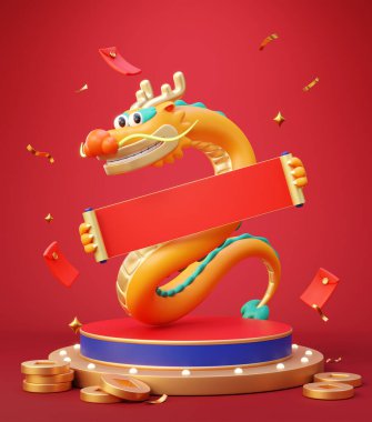 3D CNY servet ejderhası, şenlikli dekorlarla kırmızı zemin üzerinde podyumda gösteri yapıyor..
