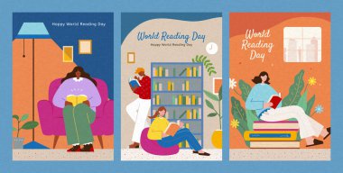 Açık mavi arkaplanda kitap okuyan insanların olduğu Dünya Kitap Günü posterleri.