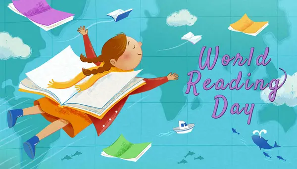 Чарівний Всесвітній День Книги Маленька Дівчинка Літає Через Океан Книгою — стоковий вектор