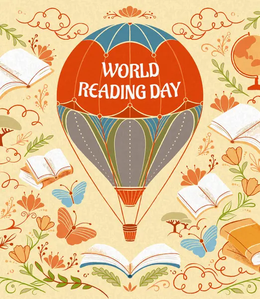 Vintage World Book Day Poster Hot Air Balloon Floating Books — Stock Vector