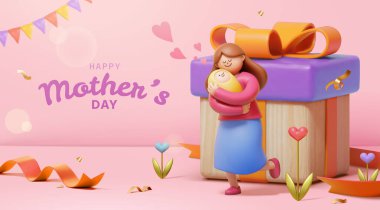 3D Seven Anneler Günü kartı. Anne pembe arka planda bebeği kucağında hediye kutusu ve şenlikli süslemelerle tutuyor..