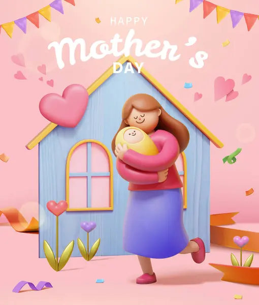 3D母亲节海报 母亲抱着孩子 带着家用纸和粉色背景的节日装饰 — 图库矢量图片