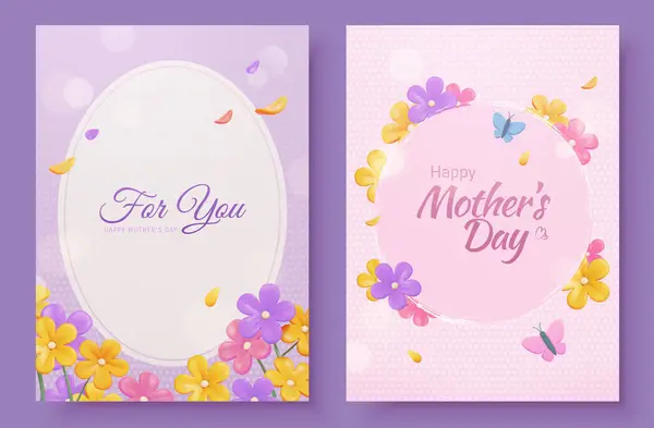 Kényes Anyák Napi Kártya Készlet Virágok Kerek Keret Elszigetelt Lila — Stock Vector