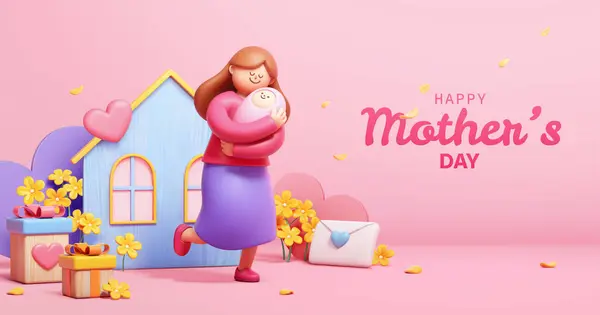 Плакат Дню Матери Мать Держит Ребенка Розовом Фоне Цветами Праздничными — стоковый вектор