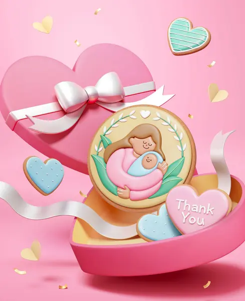 Édes Cukormáz Cookie Szív Alakú Doboz Rózsaszín Háttér Boldog Anyák — Stock Vector