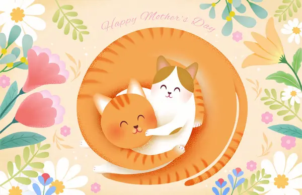 快乐的母亲节贺卡 妈妈的猫抱着小猫 背景浅浅的米色 花草丛生 — 图库矢量图片