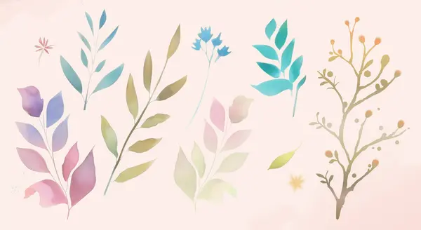 Akvarell Botanikai Elem Készlet Színes Levelek Ágak Izolált Világos Rózsaszín — Stock Vector