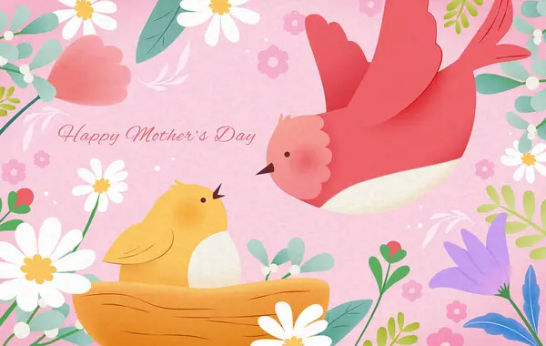 Imádnivaló Anyák Napi Kártya Mama Madár Baba Körül Virágzó Virágok — Stock Vector