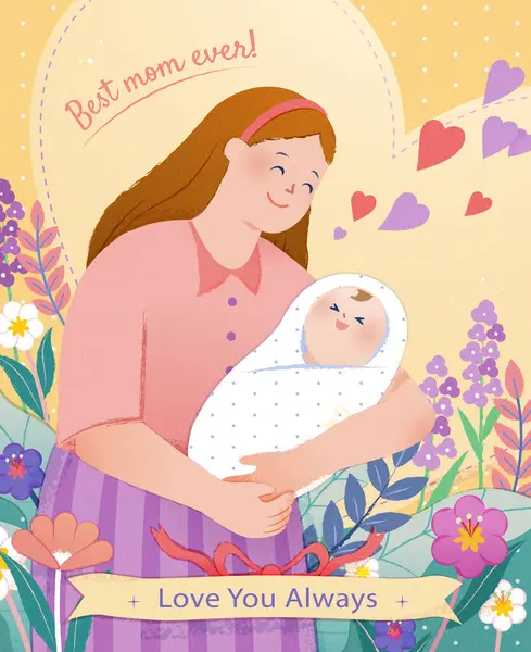 Lovely Anyák Napja Poszter Fiatal Anya Gazdaság Egy Baba Virágos — Stock Vector