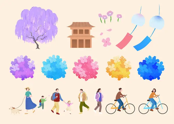 Ніжні Японські Туристичні Елементи Квіткові Будівлі Вітрові Мушки Люди Ізольовані — стоковий вектор