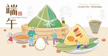 Duanwu festivalinde zongzi paylaşan minyatür insanlar. Yazı: Mayıs 'ta Aile Buluşması. Mutlulukla Yemeği Paylaşmak