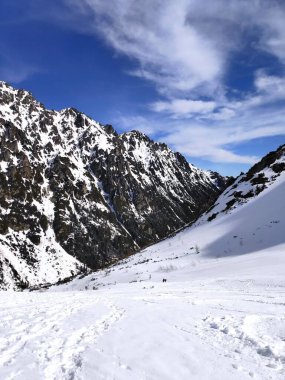 Beautiful panorama in winter Tatry mountains, Five Lakes Valley, Dolina Pieciu Stawow with snow. Phone photo