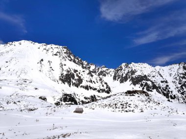 Beautiful panorama in winter Tatry mountains, Five Lakes Valley, Dolina Pieciu Stawow with snow. Phone photo
